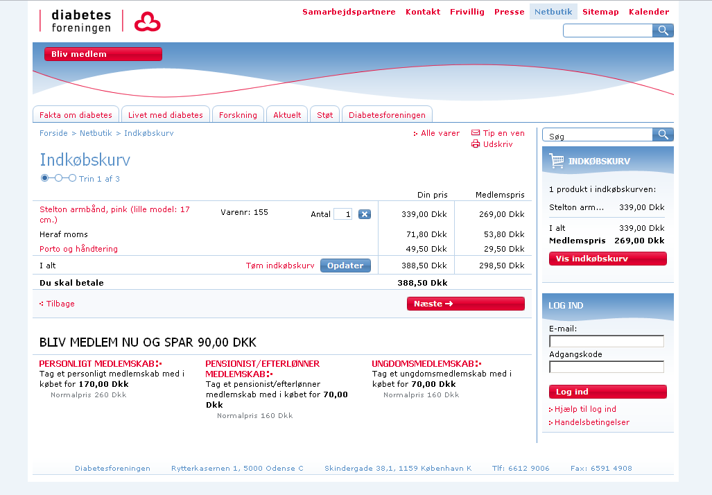 screenshot af indkøbskurv